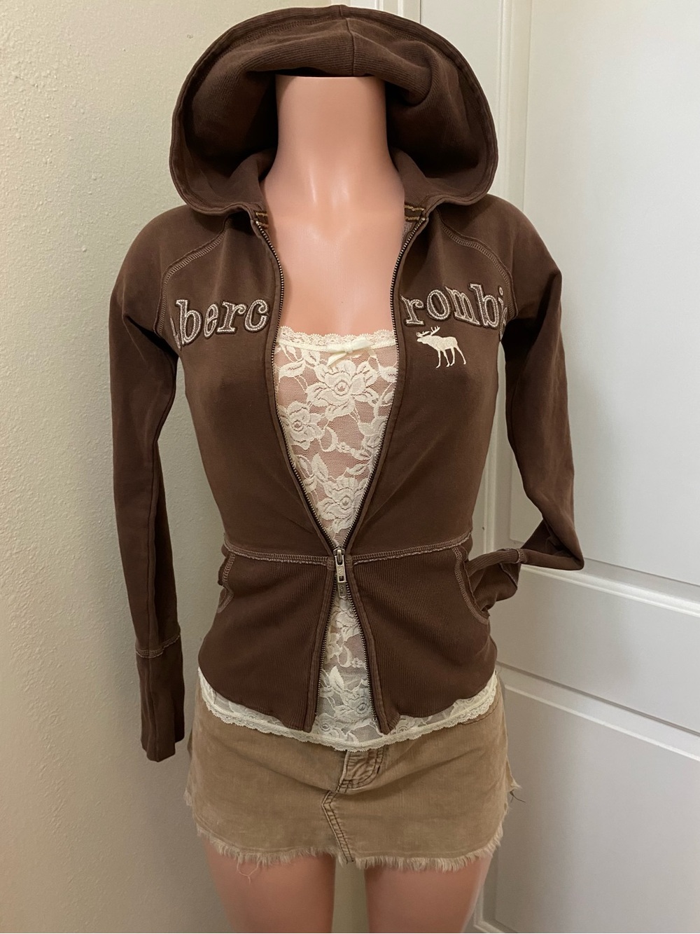 Y2k Vintage Abercrombie brown double zip up hooded sweater - Picture 14 of 16